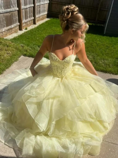 Custom Pale Yellow Spaghetti Straps Lace Prom Dress, Sweetheart Tiered Ruffle Yellow Lace Formal Evening Dress