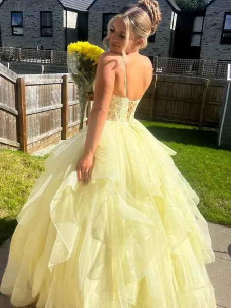 Custom Pale Yellow Spaghetti Straps Lace Prom Dress, Sweetheart Tiered Ruffle Yellow Lace Formal Evening Dress