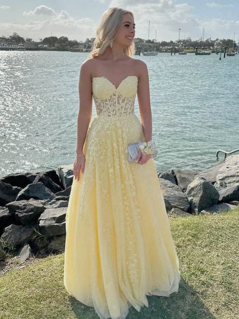 Cute A Line Sweetheart Neck Yellow Lace Prom Dresses, Yellow Tulle Lac jbydress Cute A Line Sweetheart Neck Yellow Lace Prom Dresses, Yellow Tulle Lac jbydress