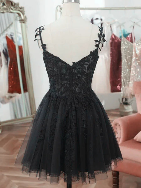 Cute V Neck Black Lace Short Prom Dresses, Black Lace Homecoming Dresses, Short Black Formal Evening Dresses