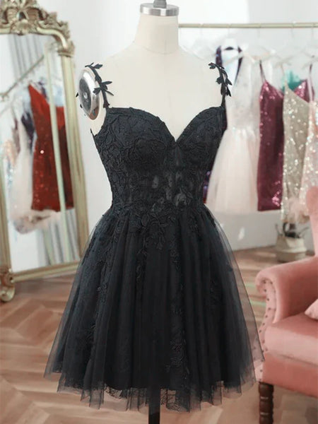 Cute V Neck Black Lace Short Prom Dresses, Black Lace Homecoming Dresses, Short Black Formal Evening Dresses