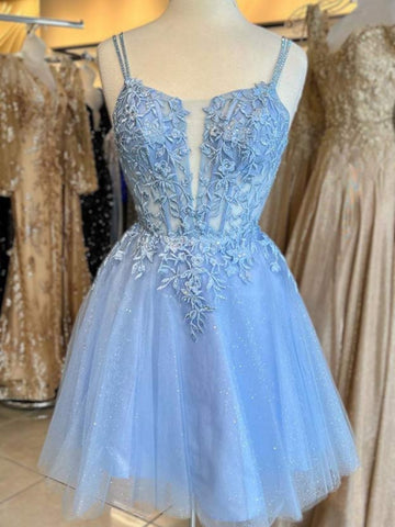 Cute V Neck Light Blue/Fuchsia Lace Prom Dresses, Light Blue/Fuchsia Lace Homecoming Dresses, Short Light Blue/Fuchsia Formal Evening Dresses