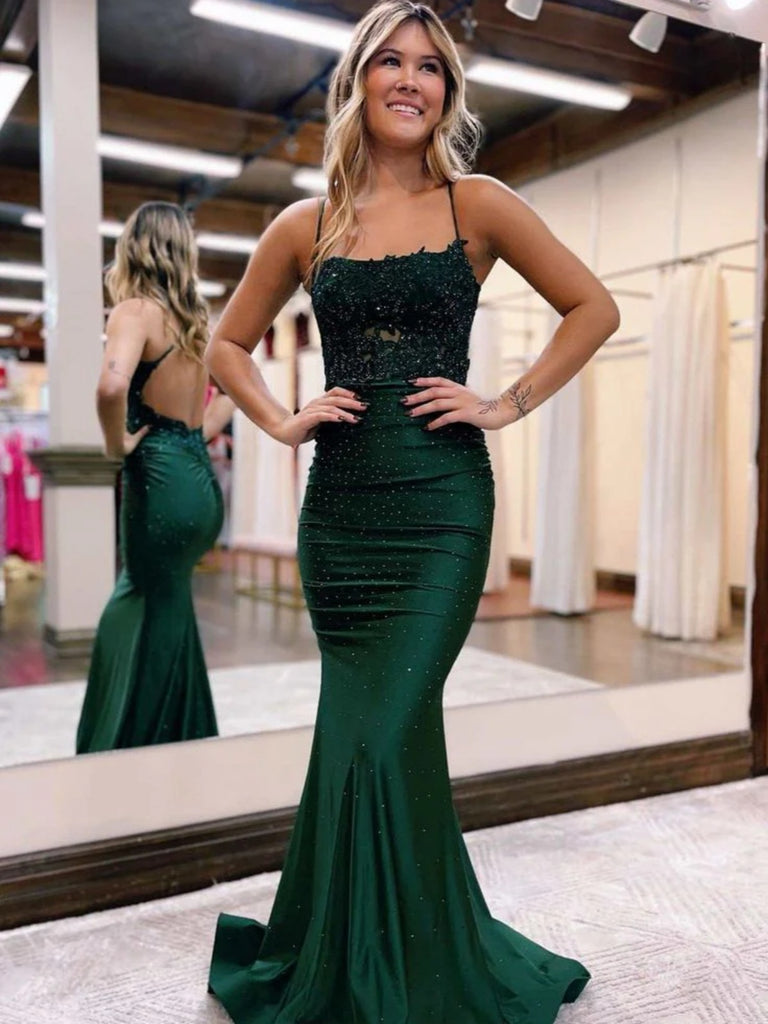 Dark Green Blue Backless Mermaid Lace Prom Dresses, Dark Green Blue Op jbydress Dark Green Blue Backless Mermaid Lace Prom Dresses, Dark Green Blue Op jbydress