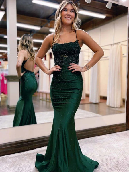 Dark Green Blue Backless Mermaid Lace Prom Dresses, Dark Green Blue Open Back Mermaid Lace Formal Evening Dresses