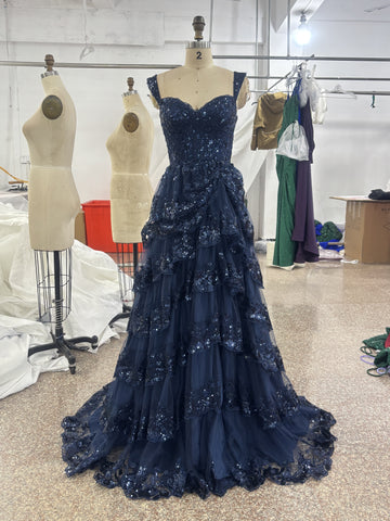 Dark Navy Blue Lace Layered Long Prom Dresses, Dark Navy Blue Lace Layered Formal Evening Dresses