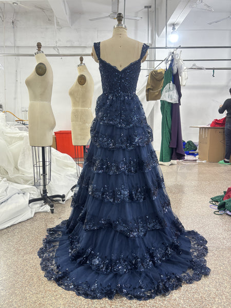 Dark Navy Blue Lace Layered Long Prom Dresses, Dark Navy Blue Lace Layered Formal Evening Dresses