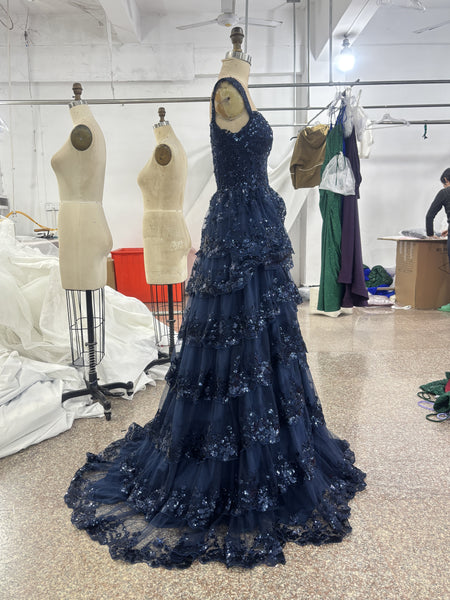 Dark Navy Blue Lace Layered Long Prom Dresses, Dark Navy Blue Lace Layered Formal Evening Dresses