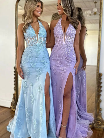 Deep V Neck Mermaid Lace Prom Dresses, V Neck Mermaid Lace Formal Evening Dresses