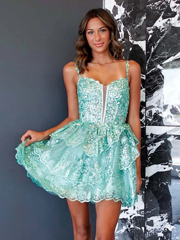 Deep V Neck Short Green Black Lace Prom Dresses, Short Layered Lace Formal Homecoming Dresses