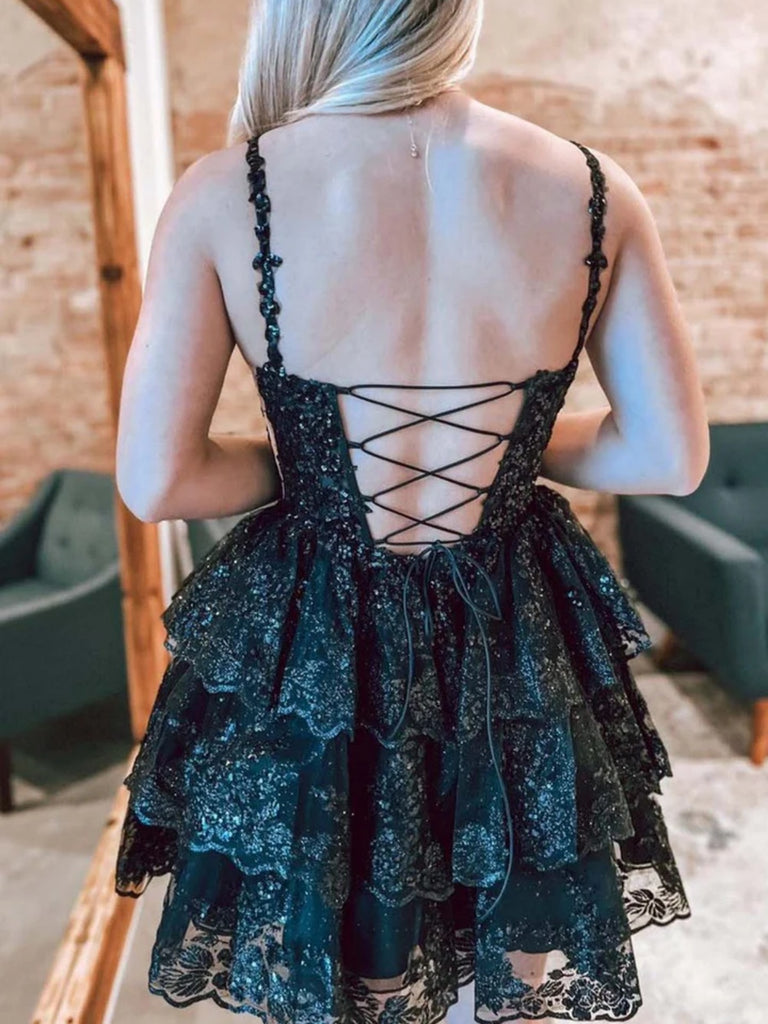 Deep V Neck Short Green Black Lace Prom Dresses, Short Layered Lace Fo jbydress Deep V Neck Short Green Black Lace Prom Dresses, Short Layered Lace Fo jbydress