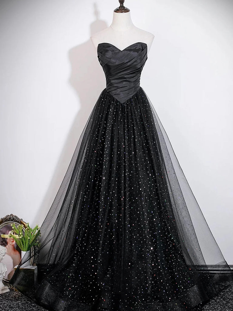 Elegant Black Sequins Long Tulle Prom Dresses, Black Sequins Tulle Long Formal Dresses