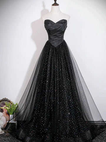 Elegant Black Sequins Long Tulle Prom Dresses, Black Sequins Tulle Long Formal Dresses