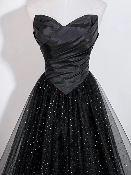 Elegant Black Sequins Long Tulle Prom Dresses, Black Sequins Tulle Long Formal Dresses
