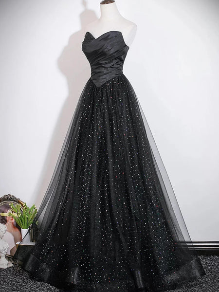 Elegant Black Sequins Long Tulle Prom Dresses, Black Sequins Tulle Long Formal Dresses