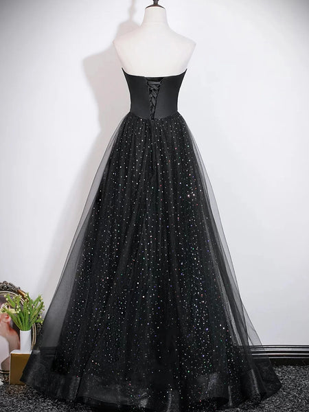 Elegant Black Sequins Long Tulle Prom Dresses, Black Sequins Tulle Long Formal Dresses