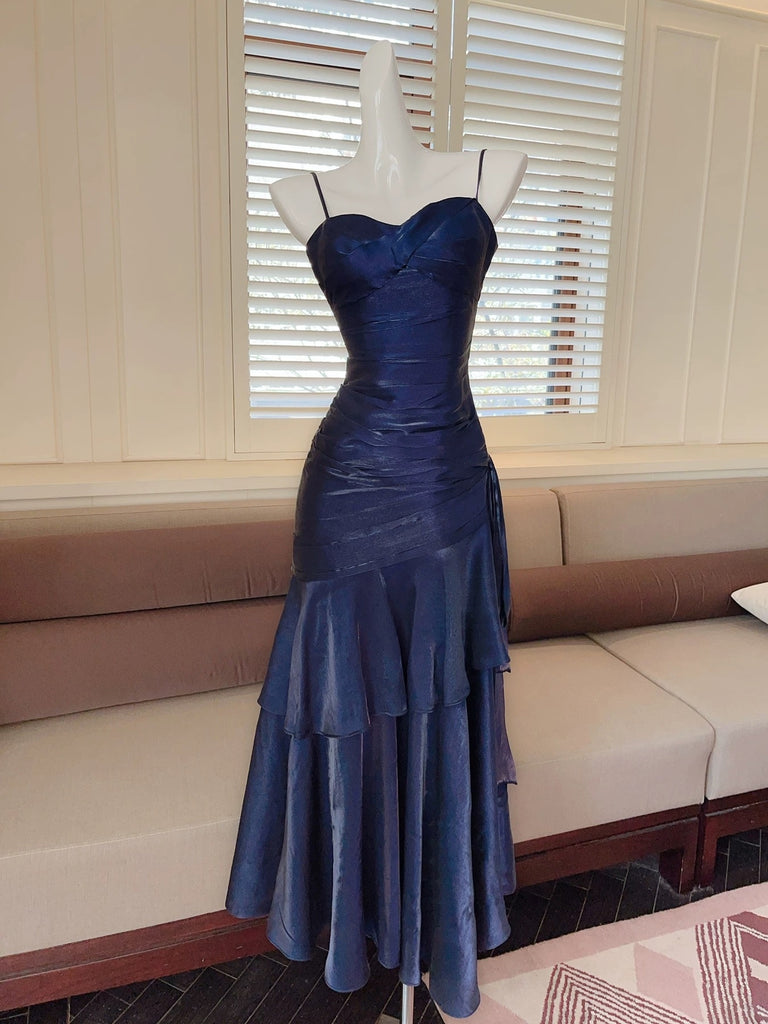 elegant dark blue dress Elegant A line Straps Tulle Navy Blue Prom Dresses Formal Evening Dres main image 1