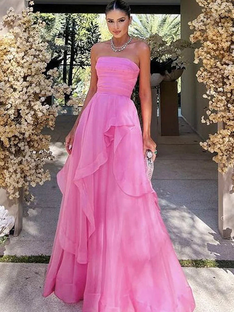 Elegant Strapless Layered Pink Prom Dresses Long, Strapless Pink Formal Graduation Evening Dresses A1868