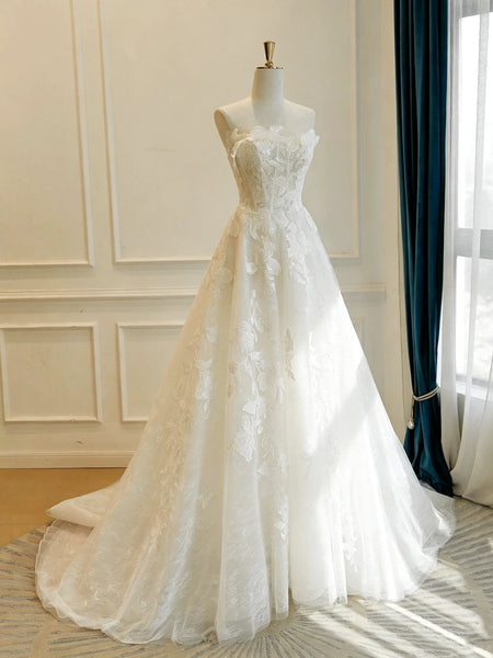 Elegant Strapless White Lace Wedding Dresses, White Lace Bridal Gowns