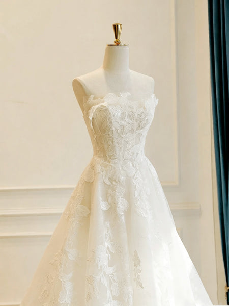 Elegant Strapless White Lace Wedding Dresses, White Lace Bridal Gowns