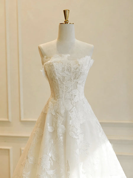Elegant Strapless White Lace Wedding Dresses, White Lace Bridal Gowns