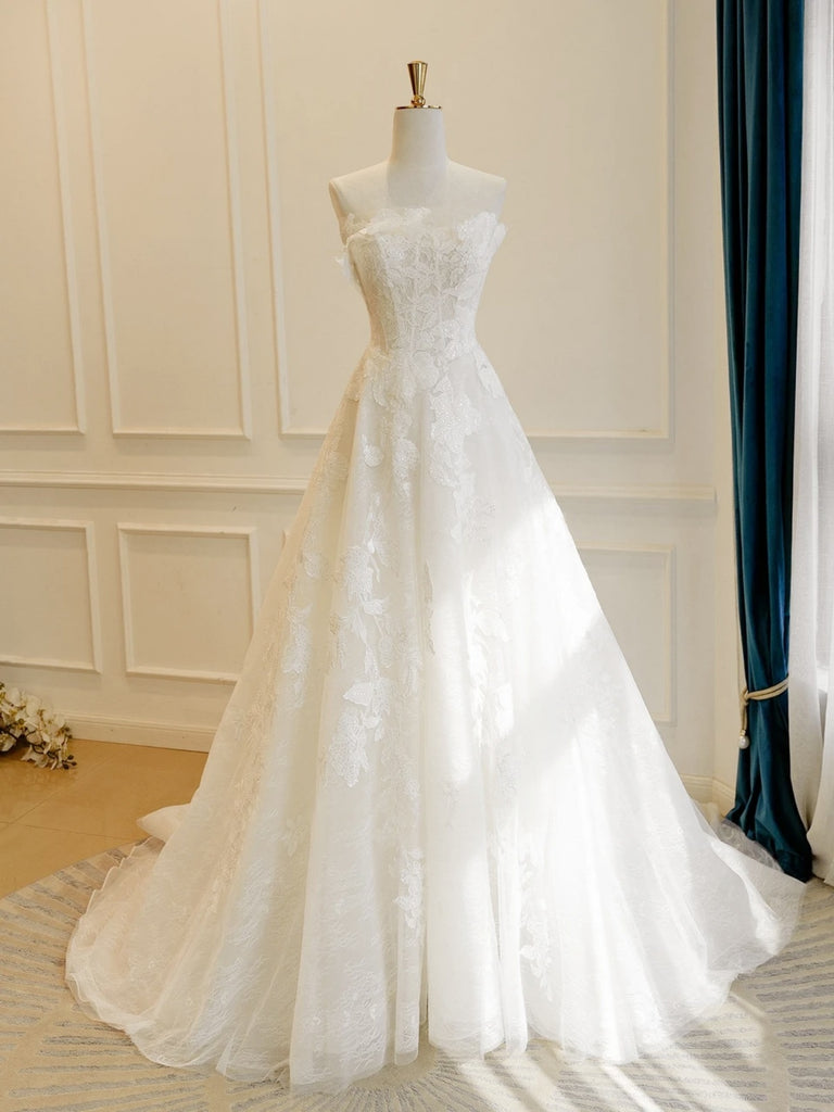 Elegant Strapless White Lace Wedding Dresses, White Lace Bridal Gowns