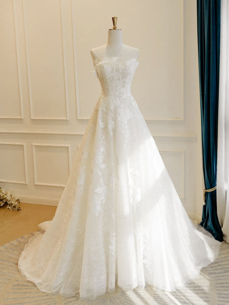 Elegant Strapless White Lace Wedding Dresses, White Lace Bridal Gowns
