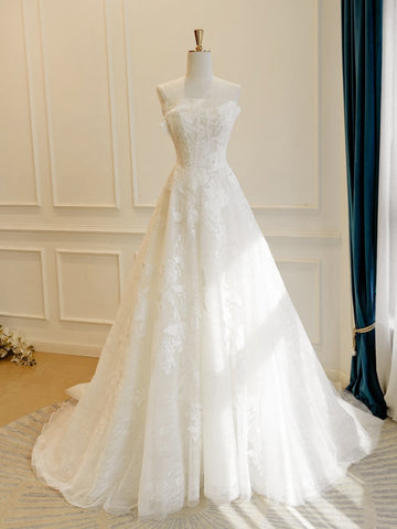 Elegant Strapless White Lace Wedding Dresses, White Lace Bridal Gowns