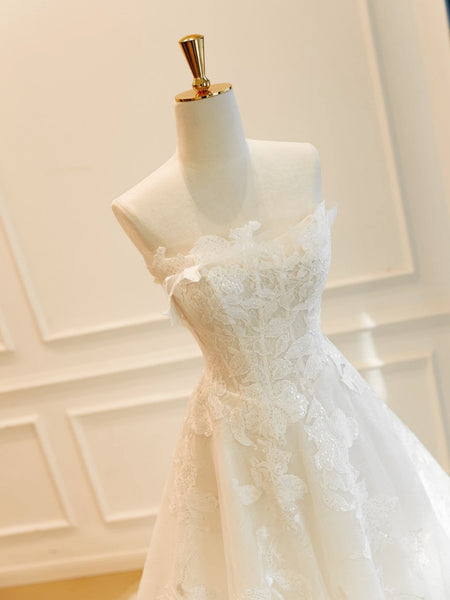 Elegant Strapless White Lace Wedding Dresses, White Lace Bridal Gowns