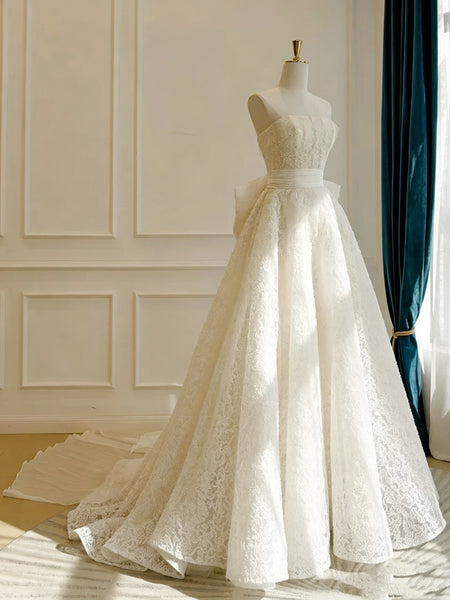 Fairytale Strapless Ivory Tulle Lace Wedding Dresses, Ivory Tulle Lace Prom Wedding Gowns