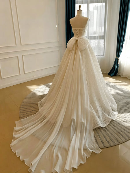 Fairytale Strapless Ivory Tulle Lace Wedding Dresses, Ivory Tulle Lace Prom Wedding Gowns