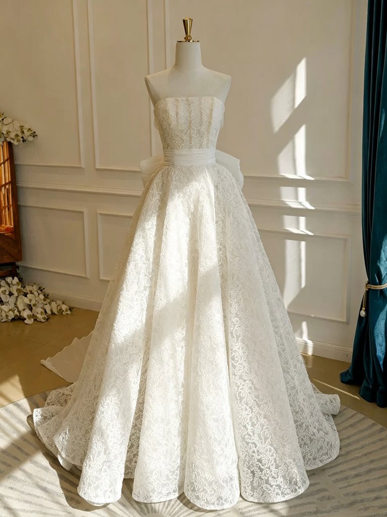 Fairytale Strapless Ivory Tulle Lace Wedding Dresses, Ivory Tulle Lace Prom Wedding Gowns