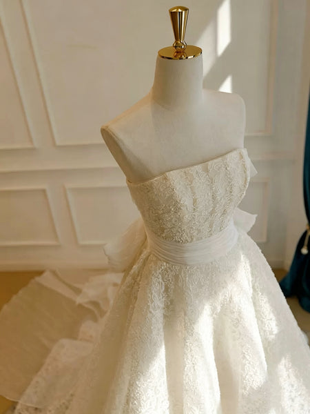 Fairytale Strapless Ivory Tulle Lace Wedding Dresses, Ivory Tulle Lace Prom Wedding Gowns