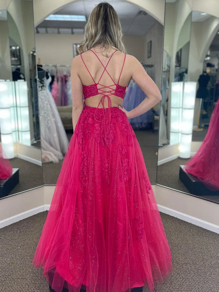 Fuchsia Pink Long Lace Prom Dresses, Backless Pink Long Lace Formal Evening Dresses