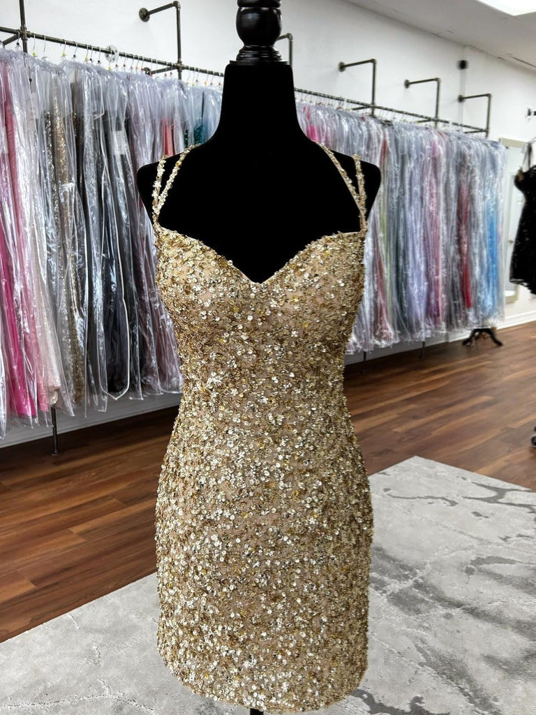 Fully Sequins Short Mini Golden Homecoming Dresses with Straps, Straps Lace Up Golden Short Prom Dresses