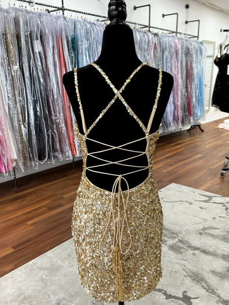 Fully Sequins Short Mini Golden Homecoming Dresses with Straps, Straps Lace Up Golden Short Prom Dresses