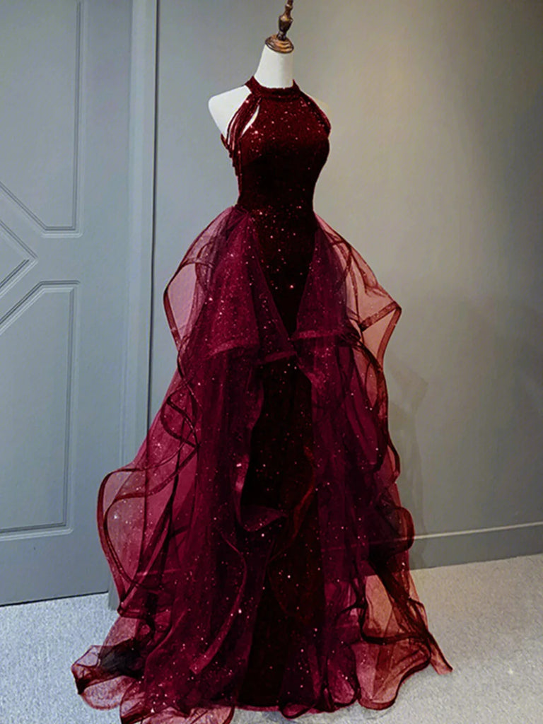 red and black prom dress Halter Neck Burgundy Blue Black Sequins Long Prom Dresses, Wine Red Bl – jbydress
