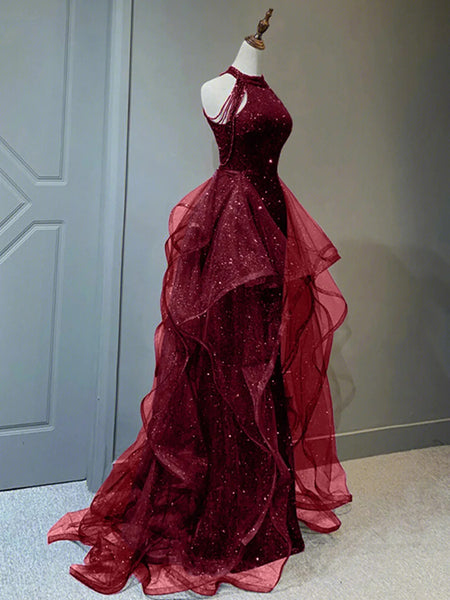 Halter Neck Burgundy Blue Black Sequins Long Prom Dresses, Wine Red Black Navy Blue Sequins Long Formal Dresses