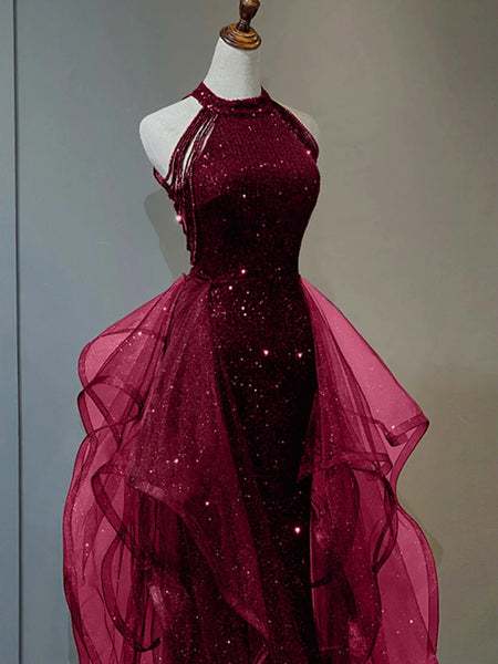 Halter Neck Burgundy Blue Black Sequins Long Prom Dresses, Wine Red Black Navy Blue Sequins Long Formal Dresses