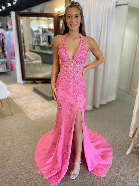 Halter Neck Hot Pink Mermaid Lace Prom Dresses, Hot Pink Mermaid Lace Formal Evening Dresses