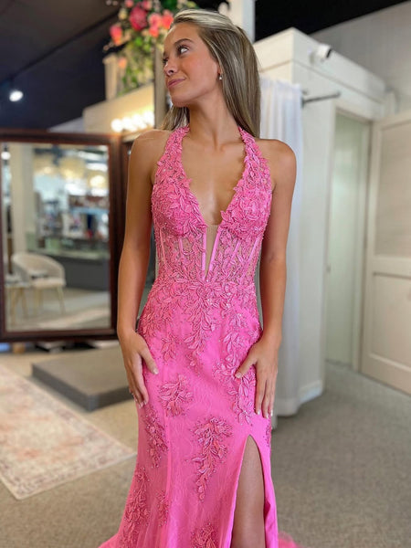 Halter Neck Hot Pink Mermaid Lace Prom Dresses, Hot Pink Mermaid Lace Formal Evening Dresses