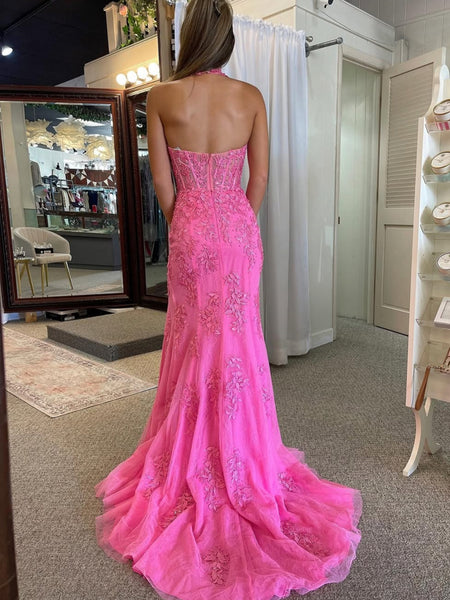 Halter Neck Hot Pink Mermaid Lace Prom Dresses, Hot Pink Mermaid Lace Formal Evening Dresses