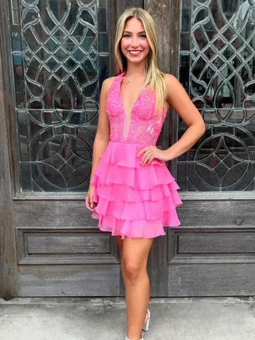 Halter Neck Short Hot Pink Lace Prom Dresses, Halter Neck Short Pink Lace Graduation Formal Dresses