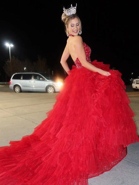 Halter V Neck Backless Beaded Red Long Prom Dresses with High Slit, Backless Red Formal Evening Dresses, Red Ball Gown