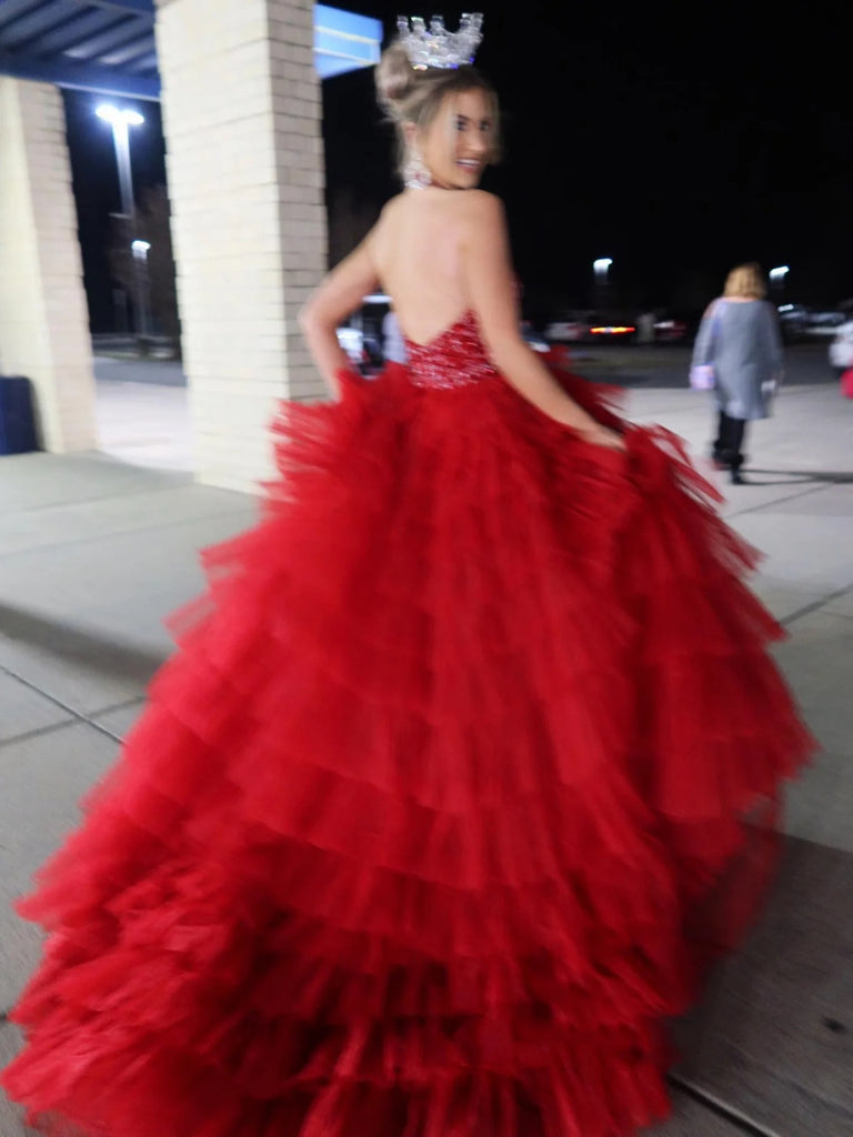 Halter V Neck Backless Beaded Red Long Prom Dresses with High Slit, Ba jbydress Halter V Neck Backless Beaded Red Long Prom Dresses with High Slit, Ba jbydress