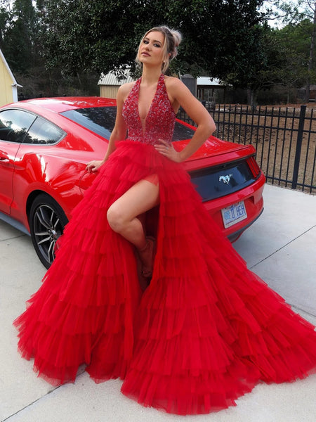 Halter V Neck Backless Beaded Red Long Prom Dresses with High Slit, Backless Red Formal Evening Dresses, Red Ball Gown