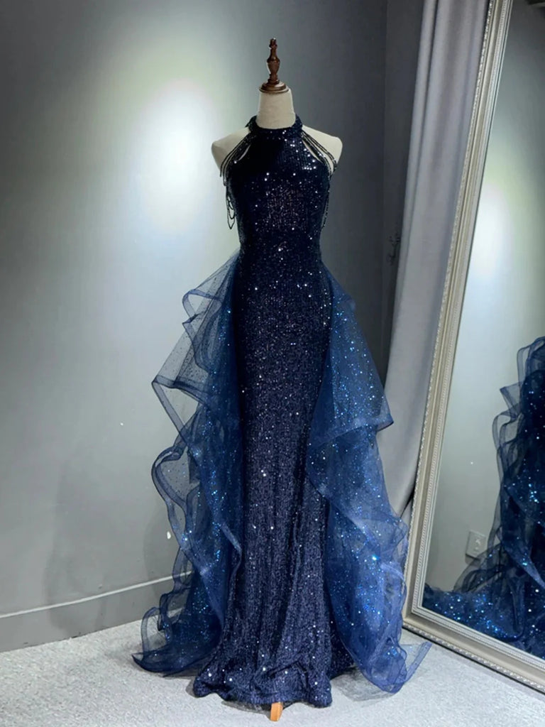Halter Neck Burgundy Blue Black Sequins Long Prom Dresses, Wine Red Bl – jbydress