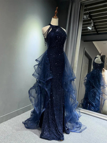 Halter Neck Burgundy Blue Black Sequins Long Prom Dresses, Wine Red Black Navy Blue Sequins Long Formal Dresses