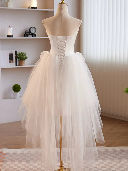 High Low Strapless White Prom Dresses with 3D Flowers, White Floral Homecoming Dresses, White Formal Evening Dresses