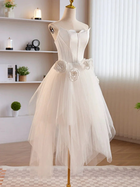 High Low Strapless White Prom Dresses with 3D Flowers, White Floral Homecoming Dresses, White Formal Evening Dresses