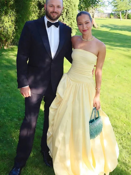 High Low Yellow Satin Long Prom Dresses, High Low Yellow Satin Formal Dresses